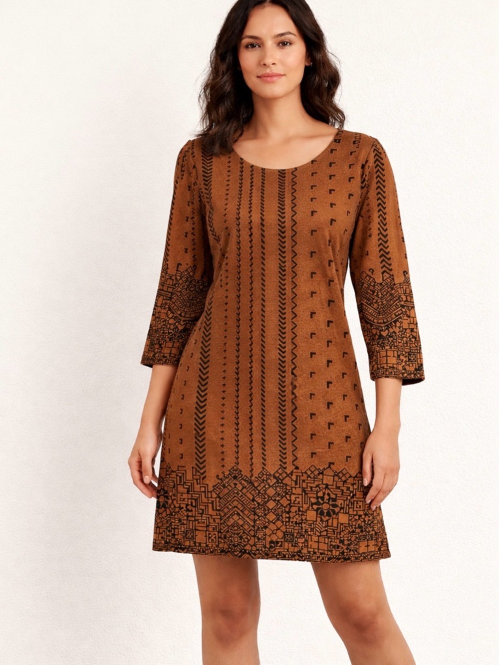 Mono B Geometric Print Dress Brown Medium 3/4 Sleeve(A517)